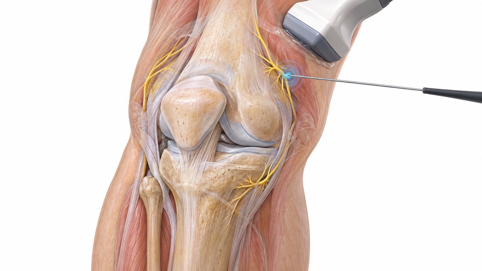 Ilustração médica da radiofrequência pulsada no joelho, com agulha guiada por ultrassom posicionada junto aos nervos geniculares
